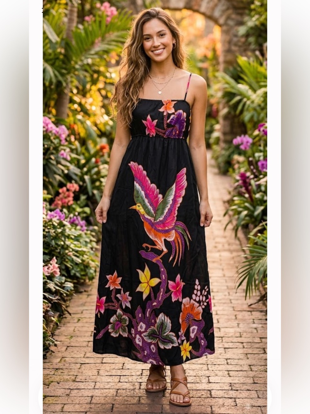 Voom by Joy Han Black Maxi Dress with Multicolor Bird & Floral Print